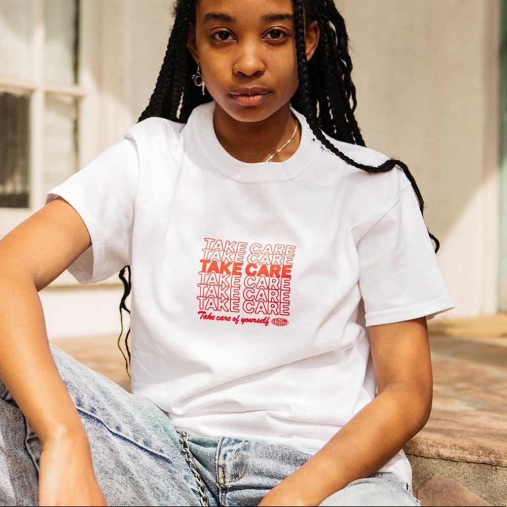 Petals and Peacocks Take Care White Tee
